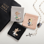 Personalisierte Kreuz Bibel Buch Cartoon Gebet Charakter PU Leder Rosenkranz Tasche mit Namen Taufe Konfirmation Geschenk für christliche Frau