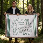 Personalized Line Art Style Moss Green Percy Stripes Adventure Awaits Tassel Soft Throw Blanket with Texts Birthday Camping Gift for Nature Lovers