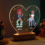 Personalised Cartoon Couple Zodiac Sign Heart-shaped Name LED Night Light with Wooden Base Home Decor Valentine's Day Anniversary Gift for Couple