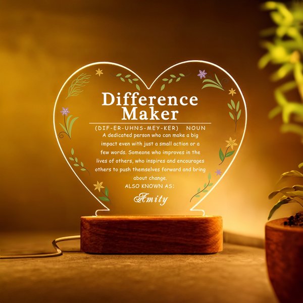 Personalized Difference Maker Affirmation Floral Heart LED Night Light with Wooden Base Birthday Retirement Thank You Gift for Leaders Coworkers