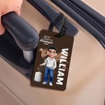 Personalisierter Gepäckanhänger mit Cartoon-Reisefigur | mit Namen Flugzeug- und Kartenmotiv | Reisezubehör | Geburtstag Geschenk für Reiseliebhaber