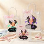 Personalized Cute Cartoon Little Girl Clear Gift Bag with Name and Ribbon Birthday Gift for Black Girl
