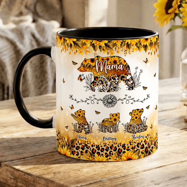 Personalised Bear Mom and 1-6 Baby Bears Sunflower Leopard Print 11 oz 15 oz Ceramic Mug with Names Mother's Day Gift for Mom