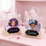 Personalized Cute Cartoon Little Girl Clear Gift Bag with Name and Ribbon Birthday Gift for Black Girl