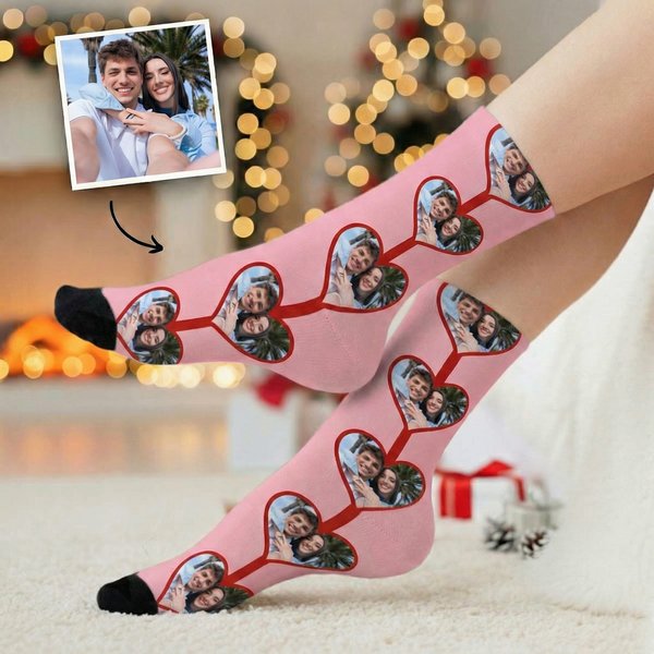 Personalised Romantic Heart Face Photo Mid-Calf Knee-High Socks Valentine's Day Anniversary Gift for Generation Z Lover Girlfriend Boyfriend