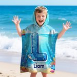 Personalised Cute Ocean Animals Initial Quick Drying Hooded Beach Towel with Name Summer Vacation Beach Party Birthday Gift for Kids