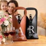 Personalized Pearl Effect Birth Flower Initial PU Leather Protective Wine Bag with Name Mother's Day Wedding Party Anniversary Gift for Wine Lovers