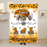 Personalized Sunflower Leopard Watercolor Mama Bear and 1-6 Baby Bears Soft Throw Blanket with Names Home Decor Mother's Day Gift for Mom Grandma