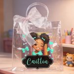 Personalized Cute Cartoon Little Girl Clear Gift Bag with Name and Ribbon Birthday Gift for Black Girl