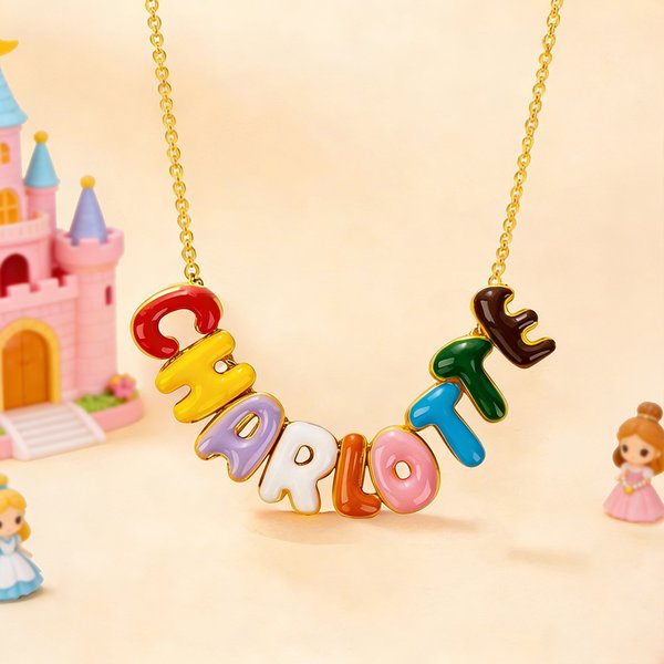 Personalised Colourful 3D Enamel Bubble Letter Name Sterling Silver Necklace Minimalist Jewellery Birthday Gift for Women Kids