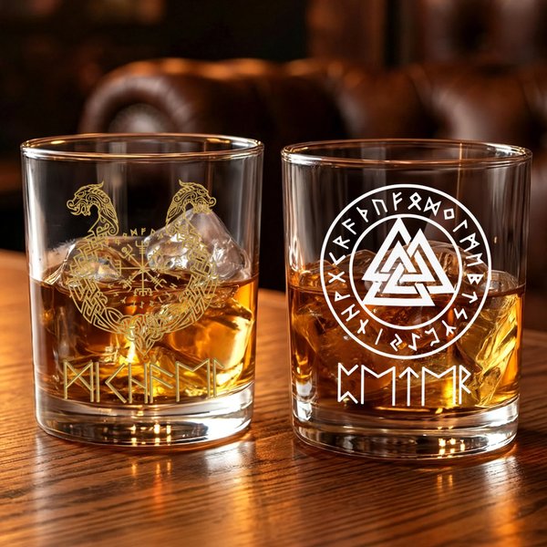 Personalized Viking Runes 10 oz Whiskey Rock Glass with Name Father's Day Birthday Gift for Men Whiskey Lovers