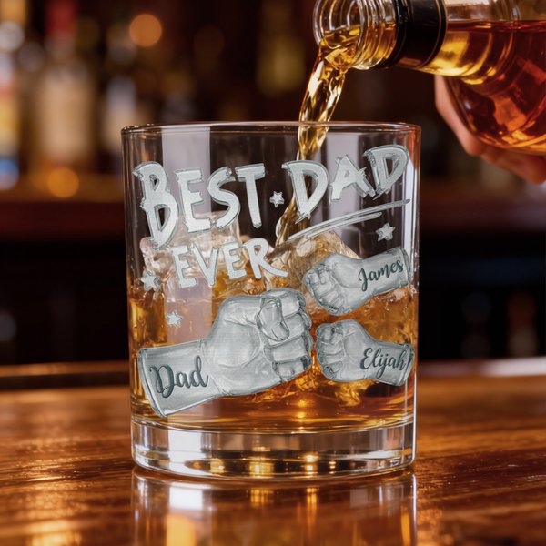Gepersonaliseerde Best Dad Ever Fist 10 oz Rock Whiskey Glas met Namen Old Fashioned Vaderdag Verjaardagscadeau voor Man Whiskey liefhebber