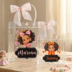 Personalized Cute Cartoon Little Girl Clear Gift Bag with Name and Ribbon Birthday Gift for Black Girl