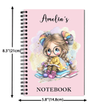 Personalised Cartoon Reading Girl A5 Spiral Notebook with Name and 120 Lined Pages Birthday Back to School Gift for Girls Students Kids