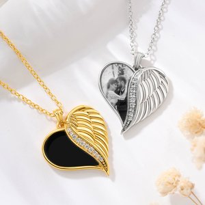 Personalised Heat-Activated Photo Angel Wing Heart Necklace with Text Memorial Birthday Anniversary Gift for Women Pet Lovers