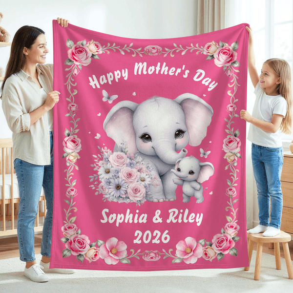 Personnalisé Cartoon Elephant Watercolor Floral Border Soft Throw Blanket with Name and Curved Text Home Decor Mother's Day Gift for Mom Grandma