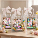 Personalized Cute Bunny Easter-Themed Initial Transparent Gift Bag with Name and Pink Bow Ribbon Daily Use Easter Party Gift for Kids Family