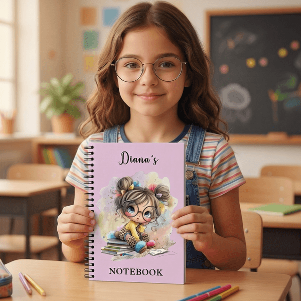 Personalised Cartoon Reading Girl A5 Spiral Notebook with Name and 120 Lined Pages Birthday Back to School Gift for Girls Students Kids