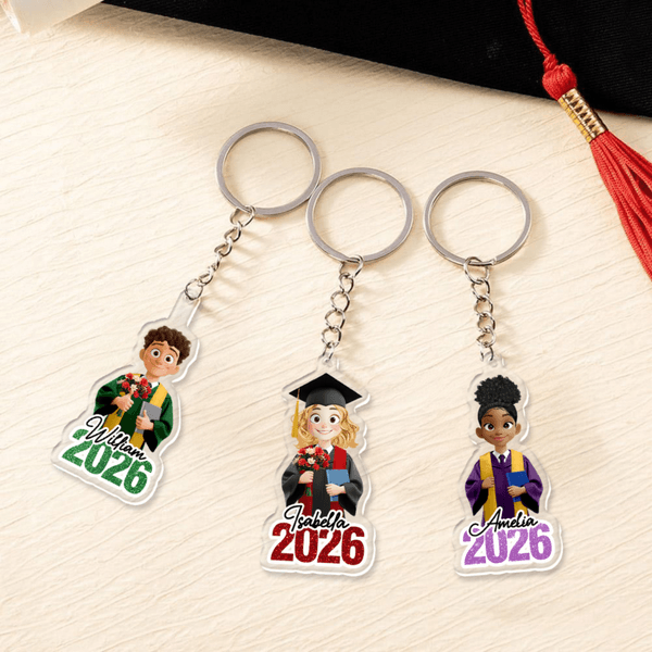 Personalized Glitter Acrylic Cute Cartoon Character Keychain with Name and Year Graduation Gift for Graduates Friends