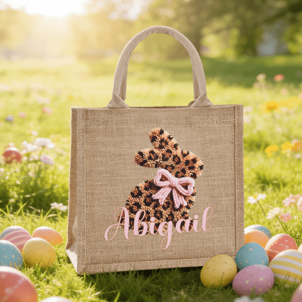 Personalised Cute Imitation Hook Yarn Plush Leopard Rabbit Design Large Jute Tote Bag with Name Daily Use Easter Gift for Kids Teenagers