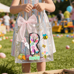 Personalized Cute Bunny Easter-Themed Initial Transparent Gift Bag with Name and Pink Bow Ribbon Daily Use Easter Party Gift for Kids Family