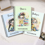 Personalised Cartoon Reading Girl A5 Spiral Notebook with Name and 120 Lined Pages Birthday Back to School Gift for Girls Students Kids