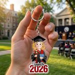 Personalized Glitter Acrylic Cute Cartoon Character Keychain with Name and Year Graduation Gift for Graduates Friends