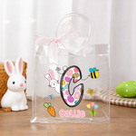Personalized Cute Bunny Easter-Themed Initial Transparent Gift Bag with Name and Pink Bow Ribbon Daily Use Easter Party Gift for Kids Family