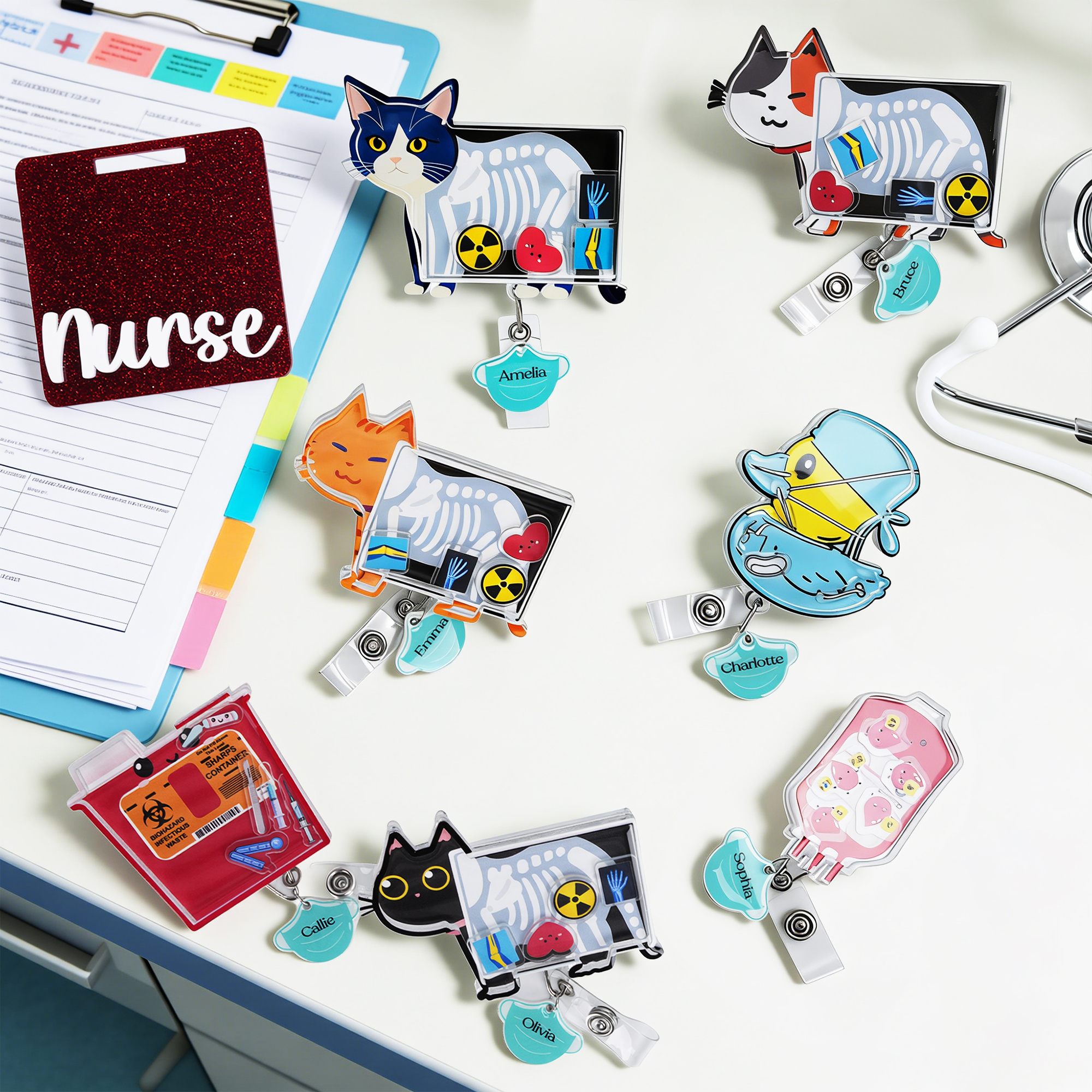 Animale carino personalizzato Sharps Container Shaker Badge Reel con nome Clinic Use Birthday Gift per il personale medico infermieristico