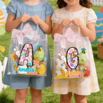 Personalized Cute Bunny Easter-Themed Initial Transparent Gift Bag with Name and Pink Bow Ribbon Daily Use Easter Party Gift for Kids Family