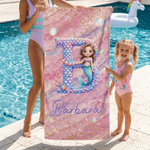 Personalized Cartoon Mermaid Initial Quick Dry Beach Towel with Name Travel Essentials Beach Party Birthday Gift for Girls