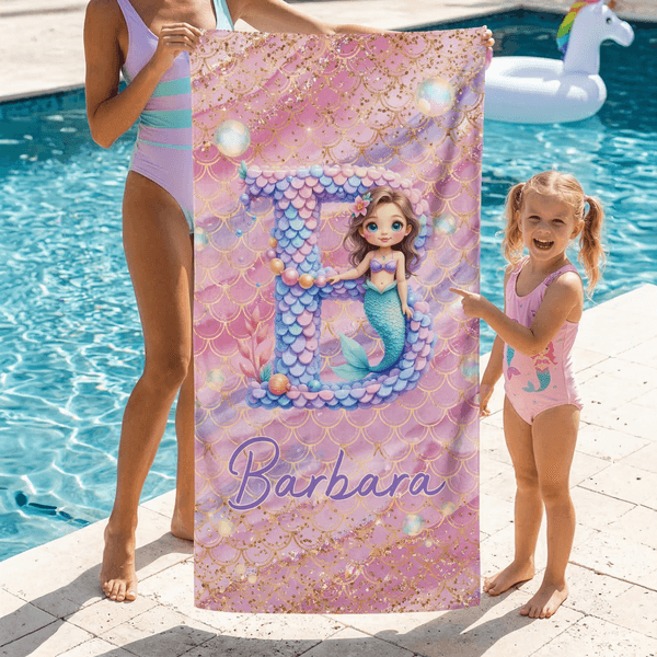 Personalized Cartoon Mermaid Initial Quick Dry Beach Towel with Name Travel Essentials Beach Party Birthday Gift for Girls