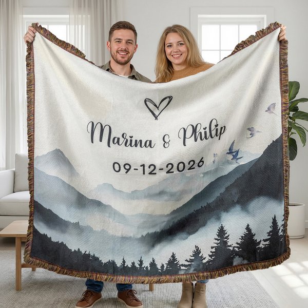 Personalized Mountain Soft Woven Throw Blanket with Names and Special Date Home Use Anniversary Valentine's Day Gift for Couples