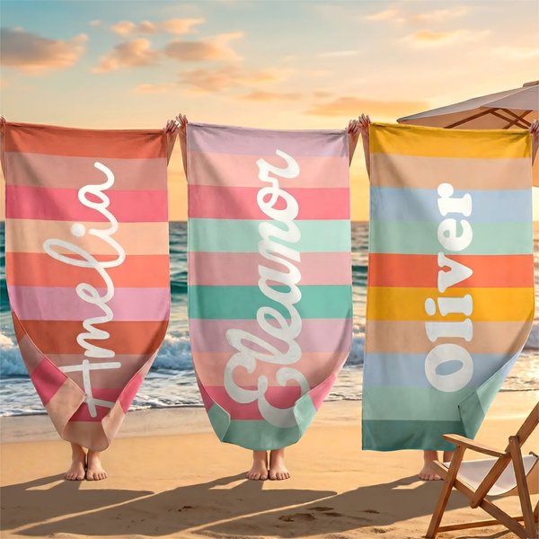 Personalisiertes Strandtuch im Retro-Streifen-Design | mit Namen | schnelltrocknend | Badetuch | Sommer Urlaub Party Geschenk für Familie Freunde