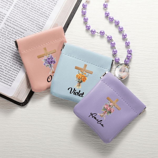 Personalised Cross Birth Flower PU Leather Rosary Pouch Storage Bag with Name Daily Use Prayer Religious Gift for Christians