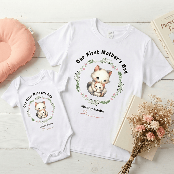 Personalised Cute Mom Baby Animal Wreath Heart100% Cotton T-shirt Baby Bodysuit Matching Outfit with Names 1st Mother's Day Gift for Baby New Mom