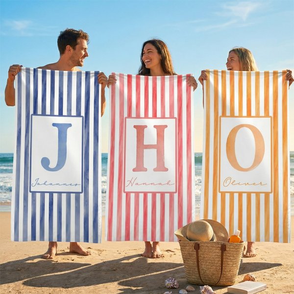 Personalisiertes Strandtuch mit Aquarell-Streifen | mit Namen und Initiale | schnelltrocknend | Badetuch | Sommer Urlaub Geschenk für Familie Freunde