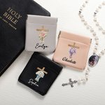 Personalised Cross Birth Flower PU Leather Rosary Pouch Storage Bag with Name Daily Use Prayer Religious Gift for Christians