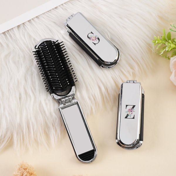 Personalized Stylish Floral Portable 2-In-1 Foldable Makeup Mirror Hair Brush with Initial Daily Use Mother's Day Birthday Gift for Women Girls