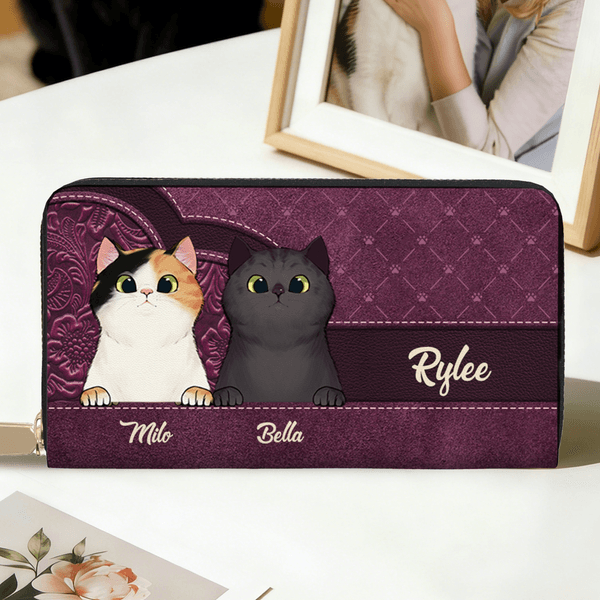 Personalized Retro Cartoon Cat PU Leather Wallet with Name Birthday Anniversary Memorial Gift for Cat Pet Lovers