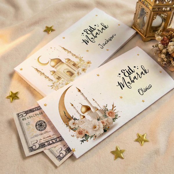 Personalizzato Eid Mubarak Cartoon Ramadan Kid Star Golden Luster Money Holder Cash Wallet con nome e busta Ramadan Eid Gift per ragazzi ragazze