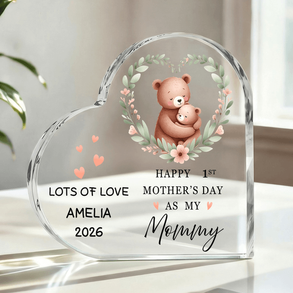 Placa acrílica personalizada Feliz 1er Día de la Madre con diseño animal y forma de corazón con nombre y año Decoración de habitación Regalo del Día de la Madre para mamá