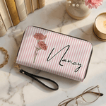 Personalized Birth Flower Striped PU Leather Wallet with Name Daily Use Birthday Gift for Mom Wife Grandmother