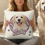 Personalizada linda mascota Foto Checkboard Imitación Bordado Efecto Arrojar Funda de almohada con nombre Decoración del hogar Regalo de cumpleaños para los amantes de las mascotas