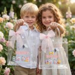 Personalised Pink Bow Ribbon Imitation Crochet Yarn Effect Easter Eggs Rabbit Clear Gift Bag with Name Easter Party Favors Gift for Kids