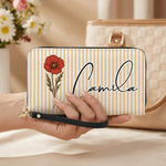 Personalized Birth Flower Striped PU Leather Wallet with Name Daily Use Birthday Gift for Mom Wife Grandmother
