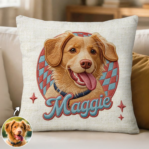 Personalizada linda mascota Foto Checkboard Imitación Bordado Efecto Arrojar Funda de almohada con nombre Decoración del hogar Regalo de cumpleaños para los amantes de las mascotas