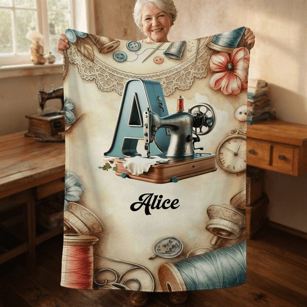 Personalised Sewing Machine Floral Initial Soft Throw Blanket with Name Mother's Day Birthday Gift for Mom Grandma Knitting Crochet Lover