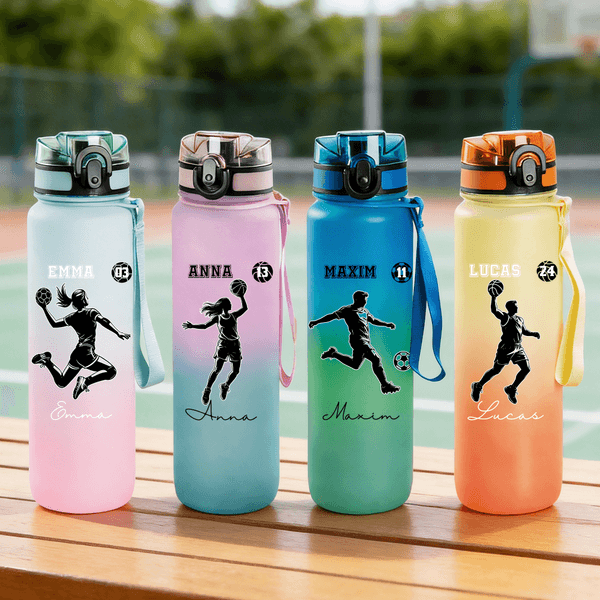 Personalised Sports Figure Silhouette Leakproof 32 oz Water Bottle with Name and Time Marker Sport Accessories Birthday Gift for Sports Lovers Fans