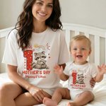 Personalised 1st Mother's Day Animal Mom Baby 100% Cotton T-shirt Baby Bodysuit Matching Outfit with Names and Year Mother's Day Gift for Baby Mom